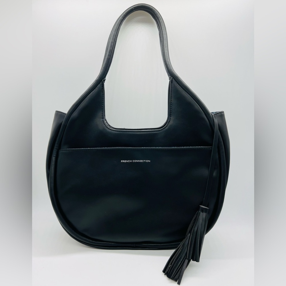 FRENCH CONNECTION BLACK SHOULDER BAG WITH TASSLE, TOP ZIPPER, PATCHWORK